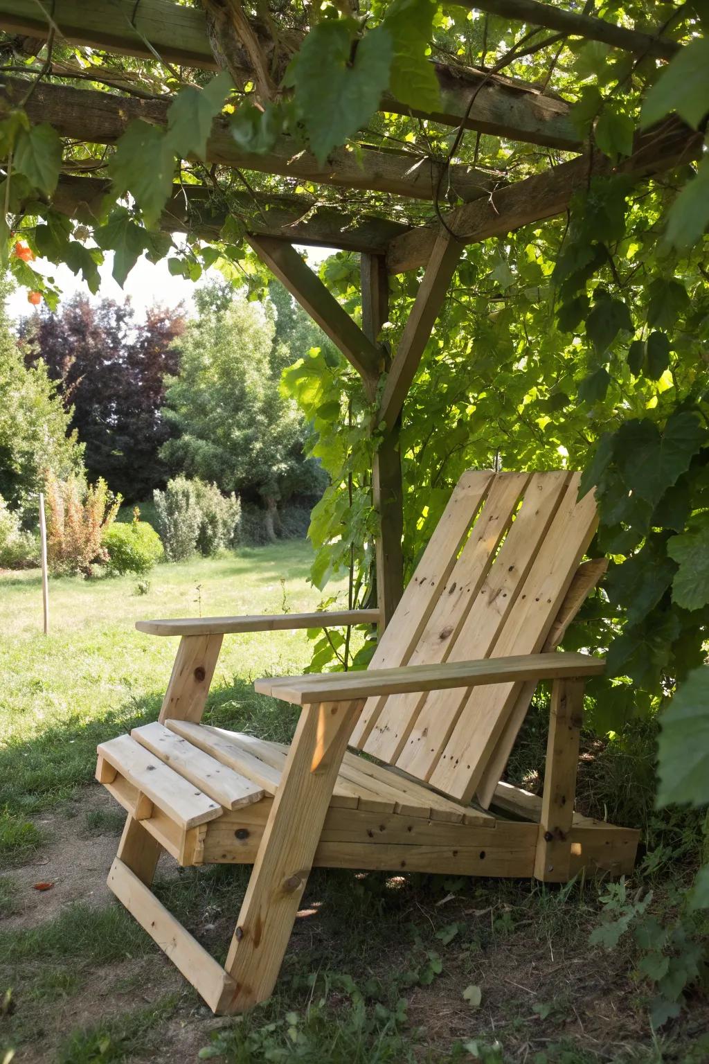 Discover serenity with a handcrafted pallet chair, the perfect hideaway in your garden oasis.