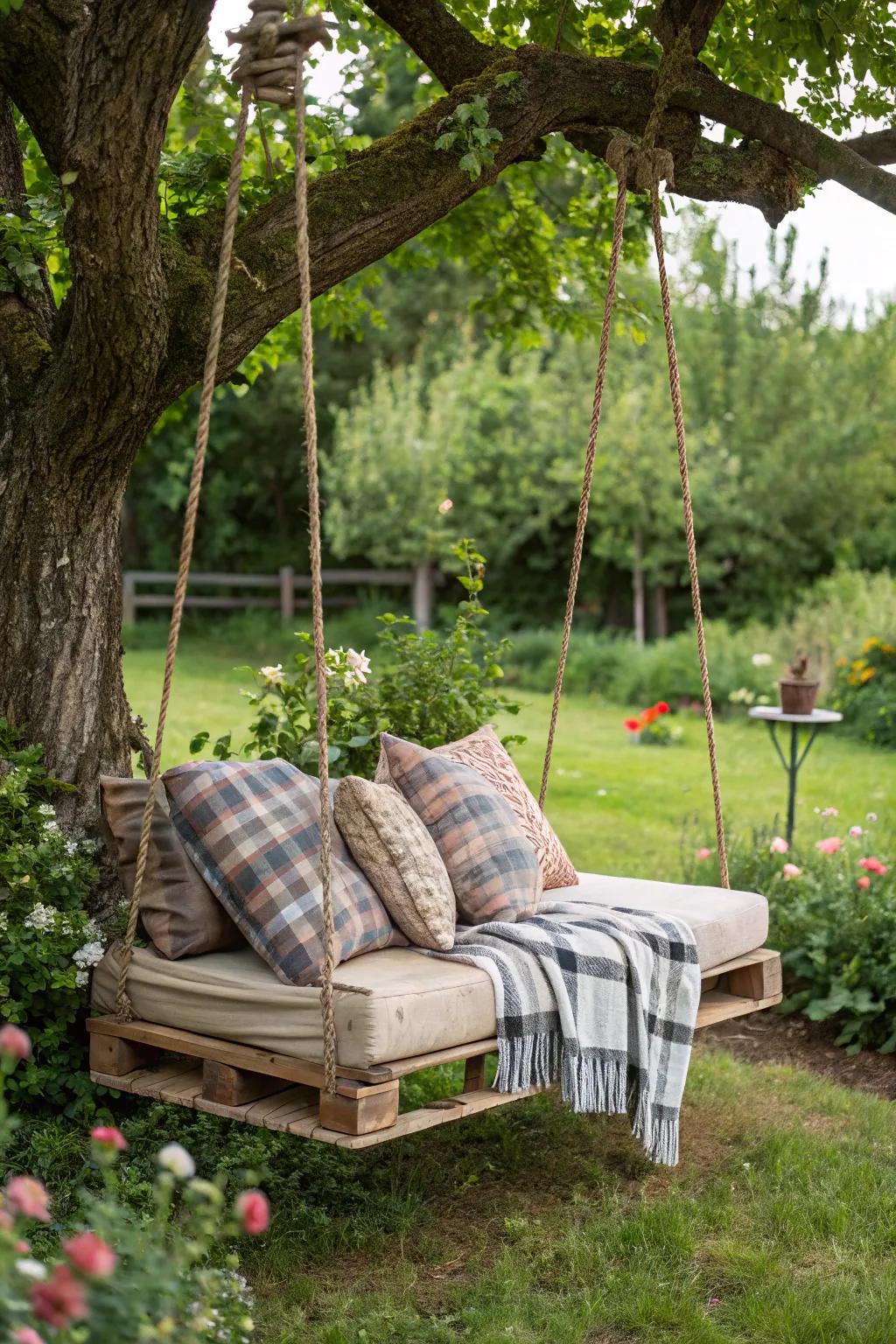 A pallet swing adds whimsy to any garden.