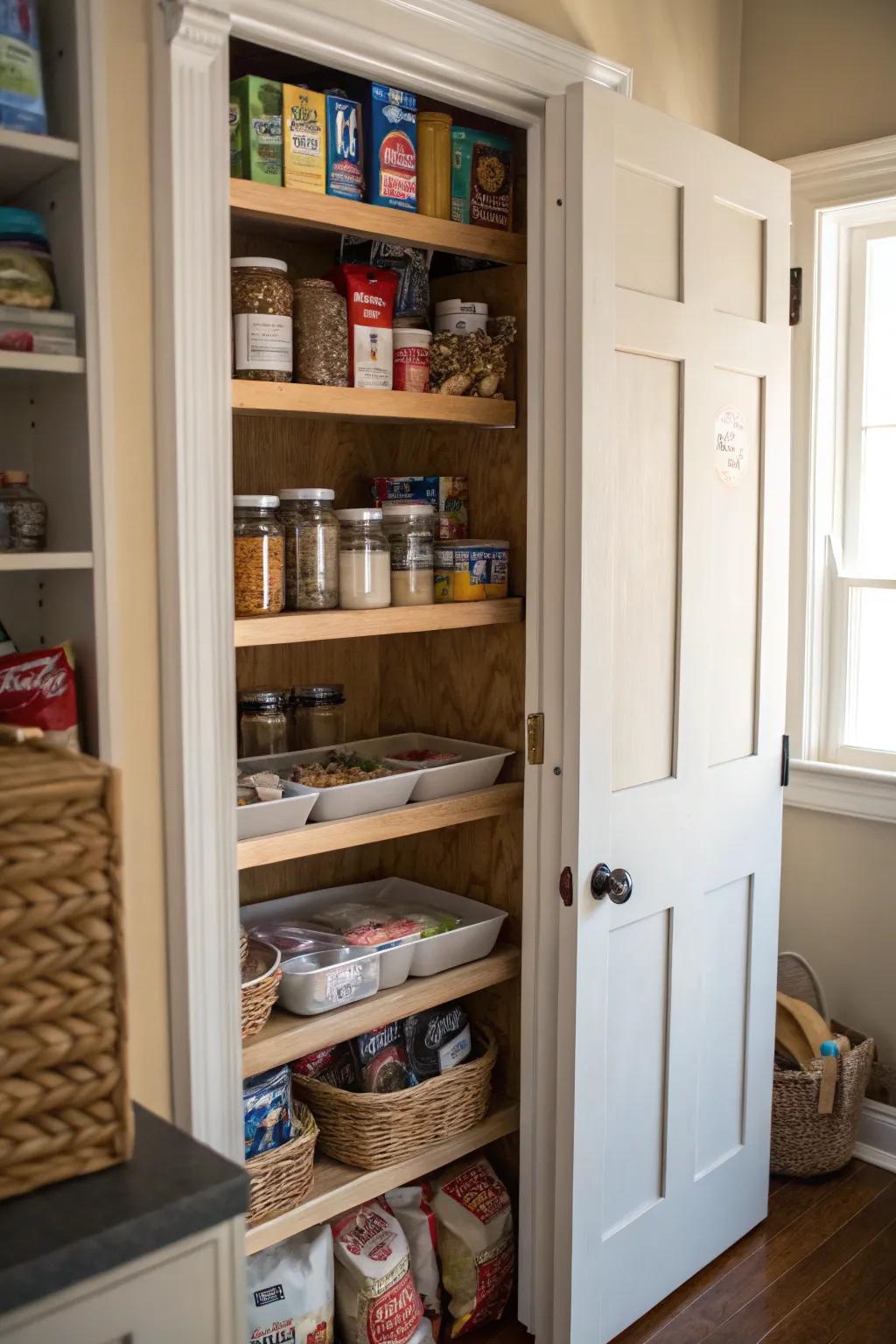 Pantry door shelves for convenient storage solutions.