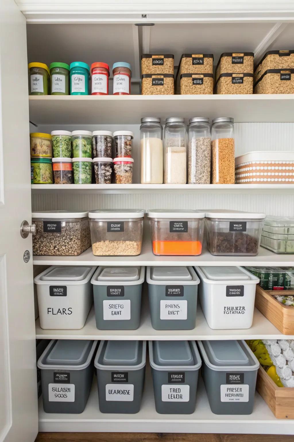 Labeled bins and containers keep a deep pantry organized.