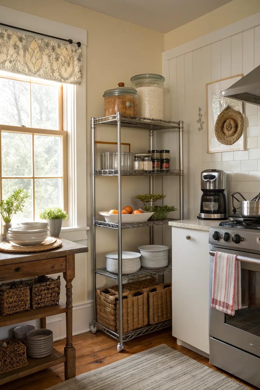 Freestanding shelves bring flexibility to any kitchen space.