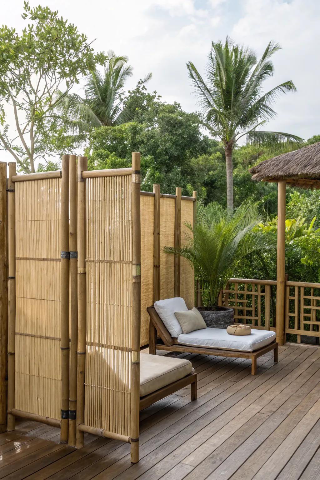 A deck with bamboo screens, evoking a serene tropical retreat ambiance.