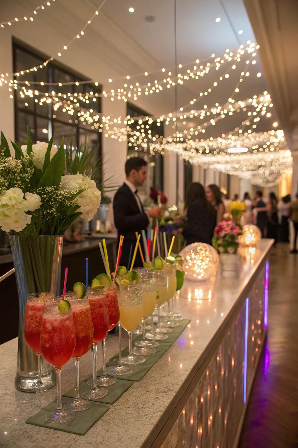 A welcome drinks station sets a hospitable tone as guests arrive.