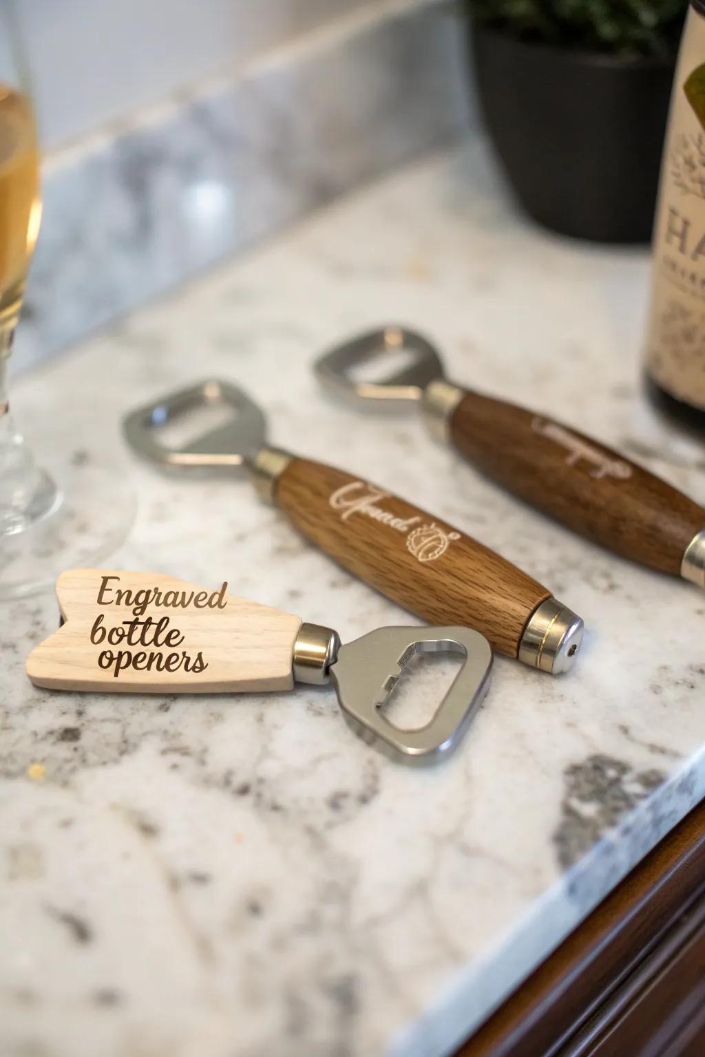 Engraved bottle openers serve as both a functional and memorable gift.