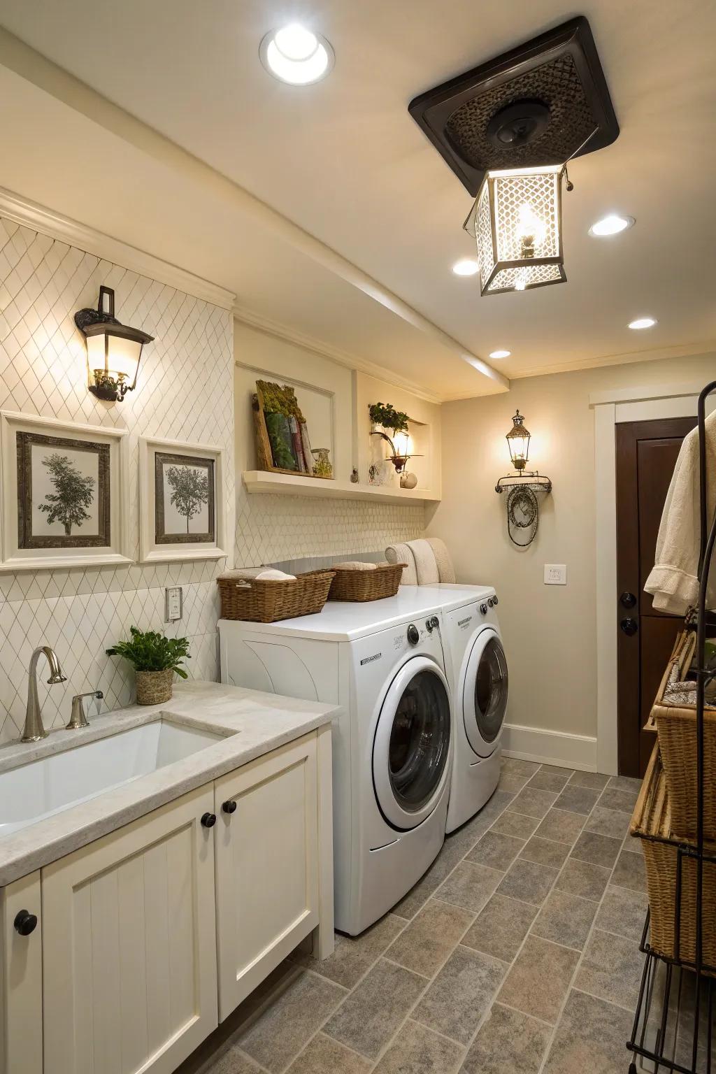 Layered lighting provides both style and functionality in the laundry room.