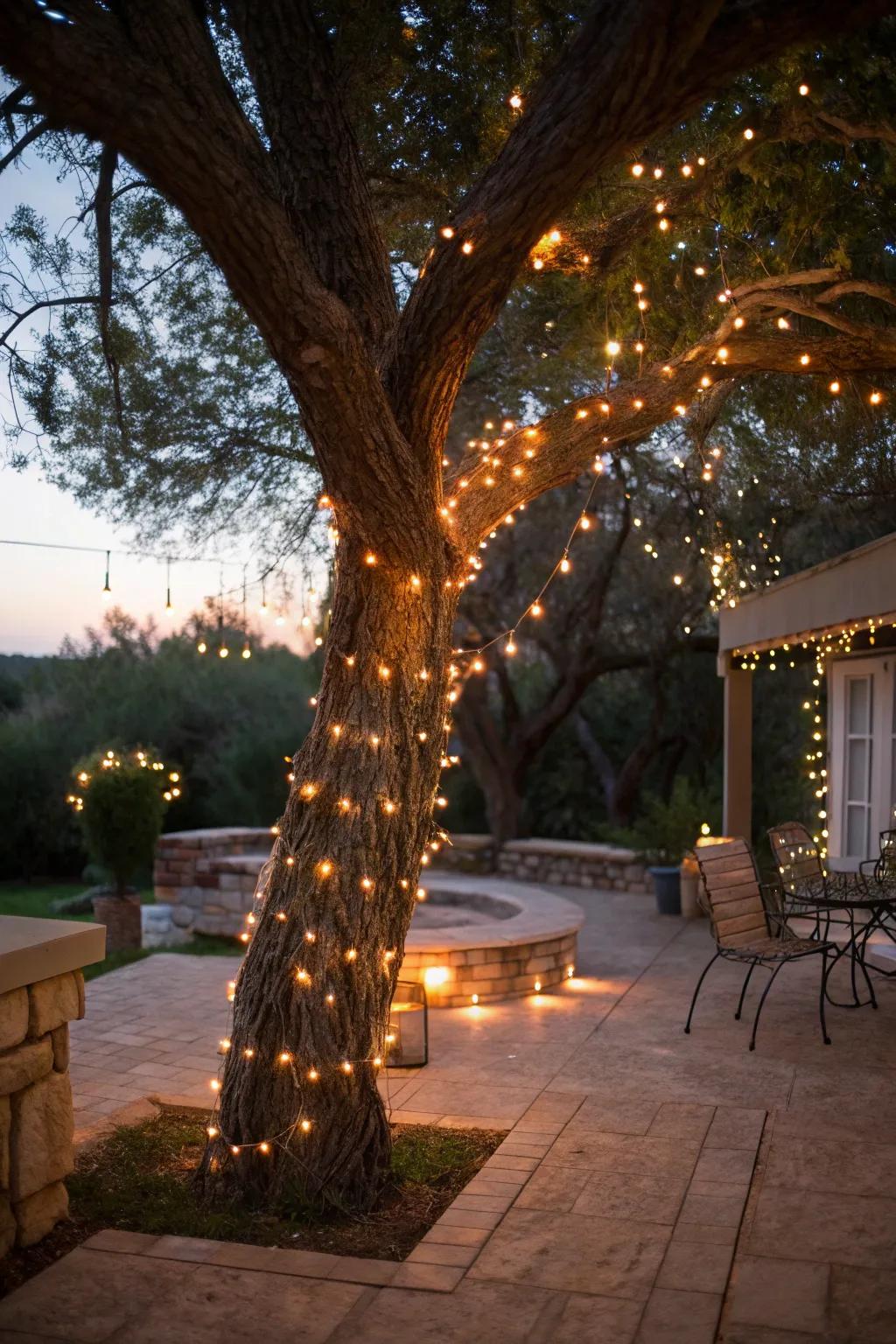 String lights wrapped around trees for a magical touch.