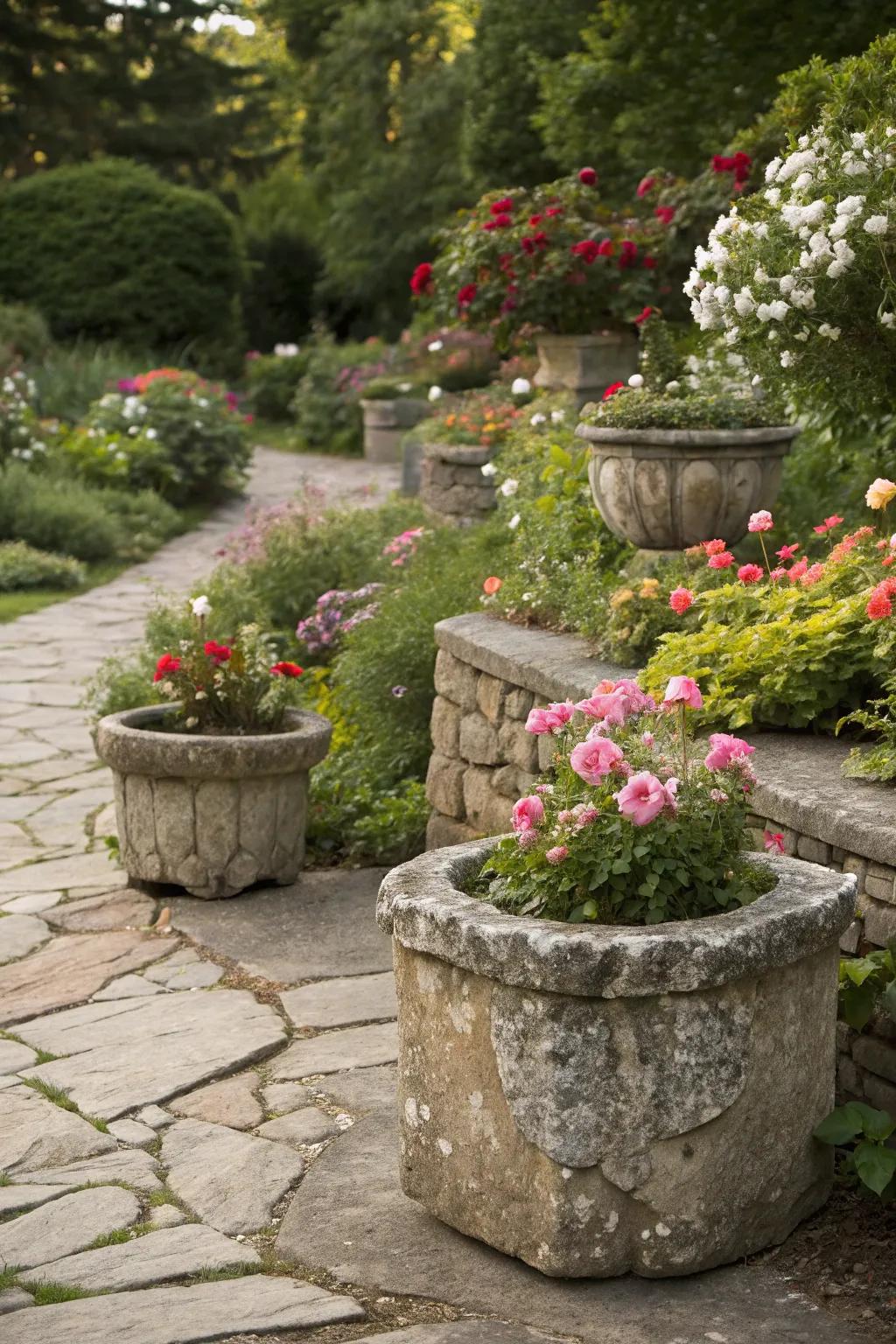 Rustic stone paver planters add a touch of timeless beauty.