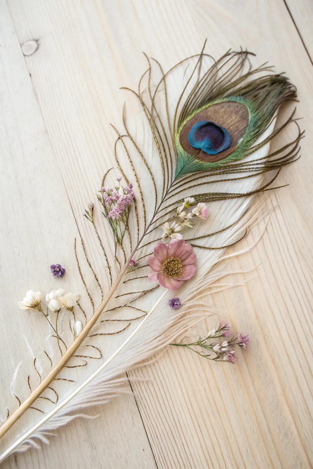 Embrace the beauty of nature with this floral-inspired peacock feather art.