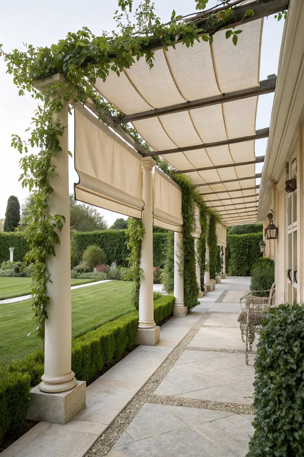 Roman shades offer a classic and elegant solution for pergola shading.