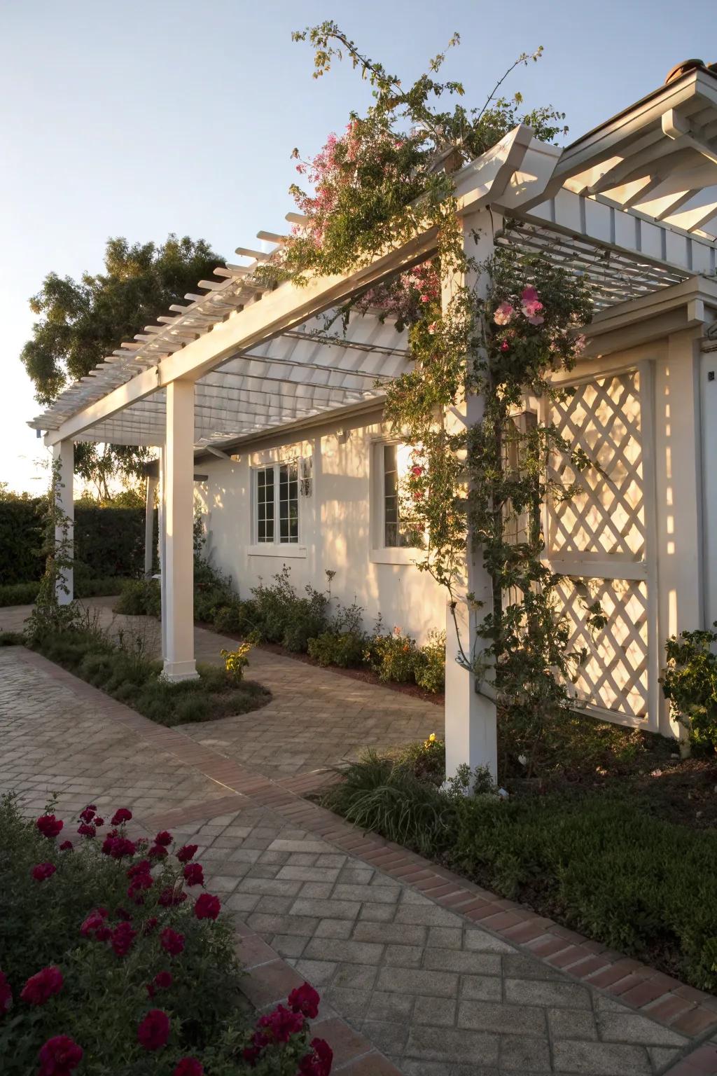 A two-tier pergola that adds depth and complexity to the outdoor space.