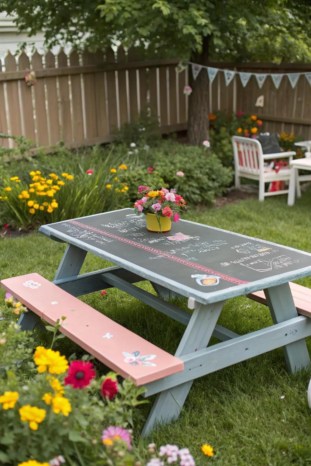 A chalkboard-painted picnic table turns into an interactive canvas for creativity.