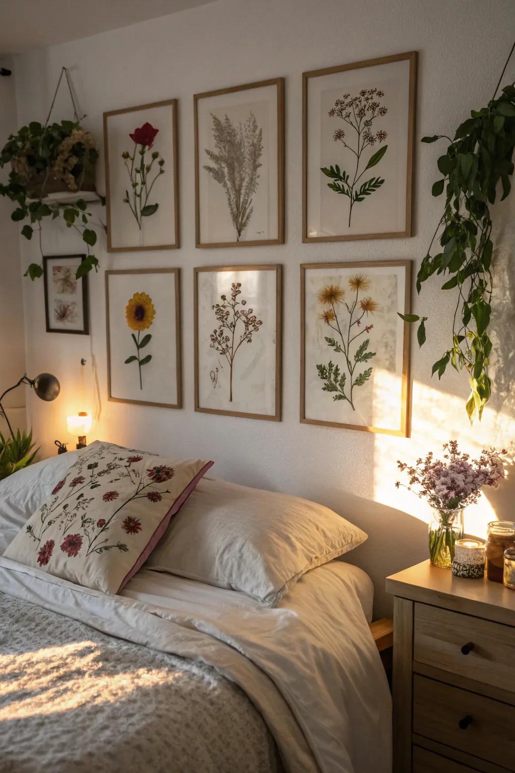 A bedroom adorned with framed pressed flowers for a romantic feel.