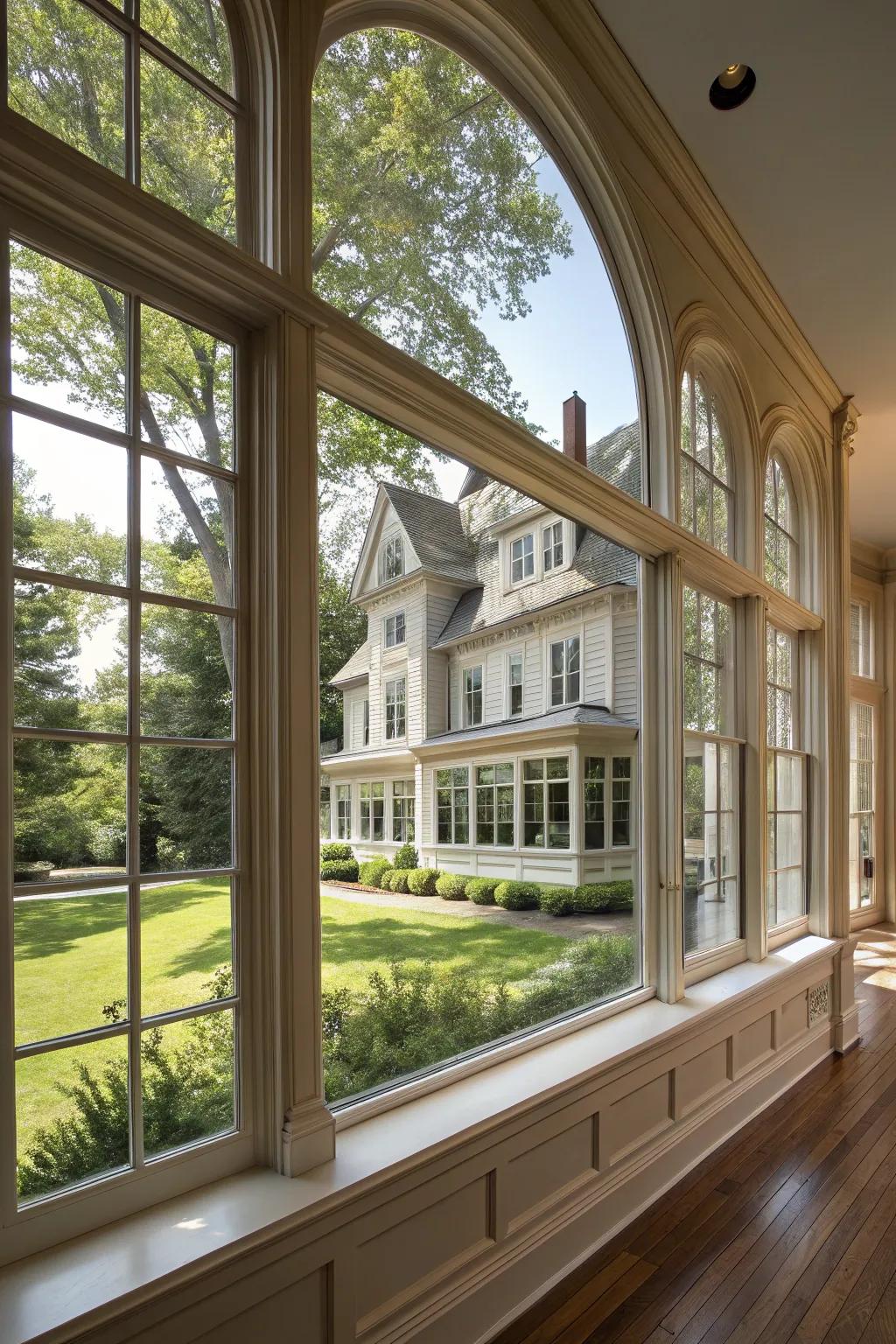 Picture windows showcasing architectural details in a historic setting.