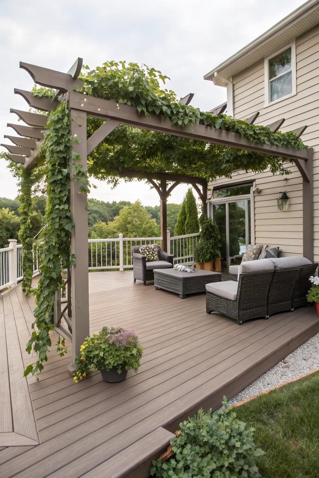 A pergola over a composite deck creates a cozy, shaded retreat.