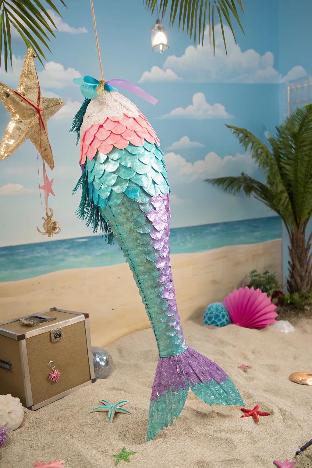 An underwater mermaid piñata creates oceanic charm.