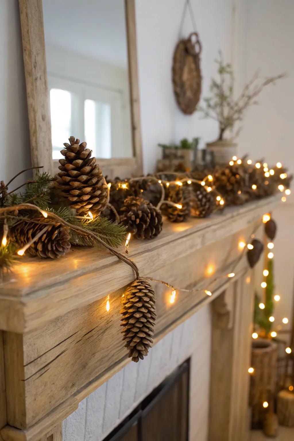 Add a festive touch with a twinkling pine cone garland.