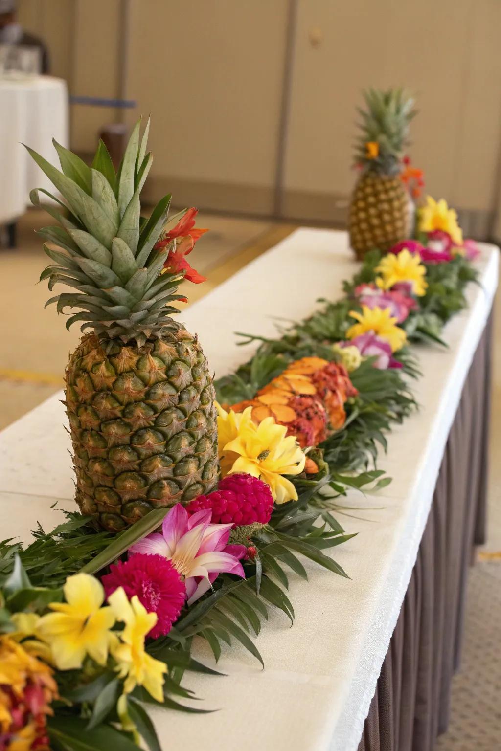 A pineapple floral garland makes for a festive and vibrant table runner.