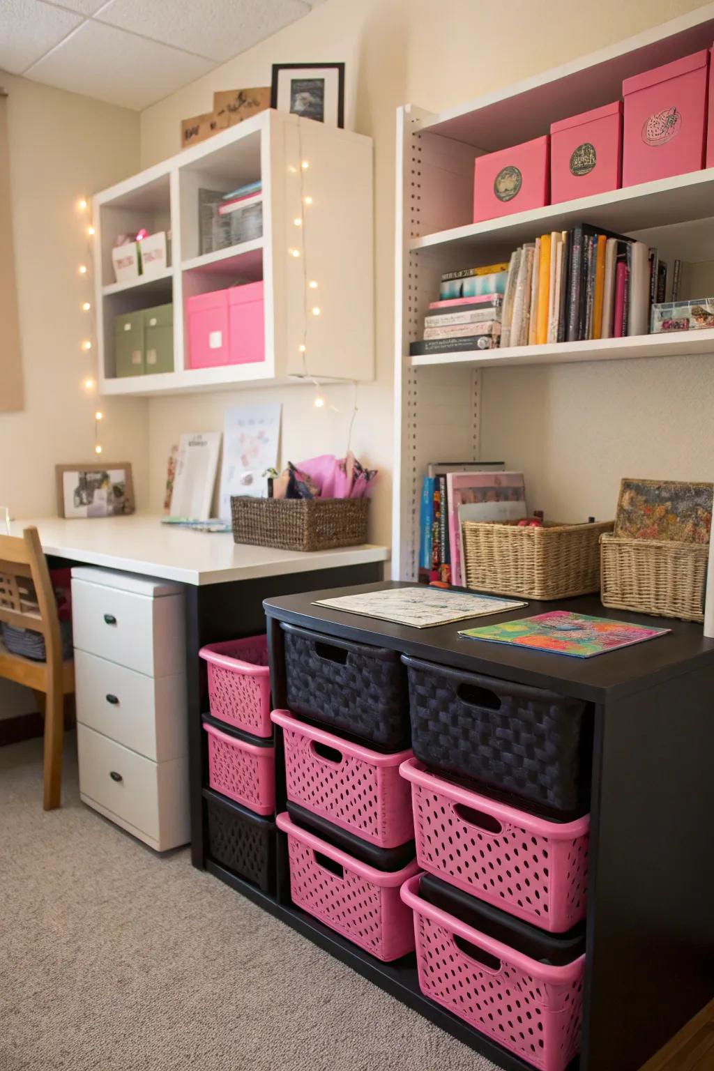 Stylish pink and black storage solutions for dorm organization.