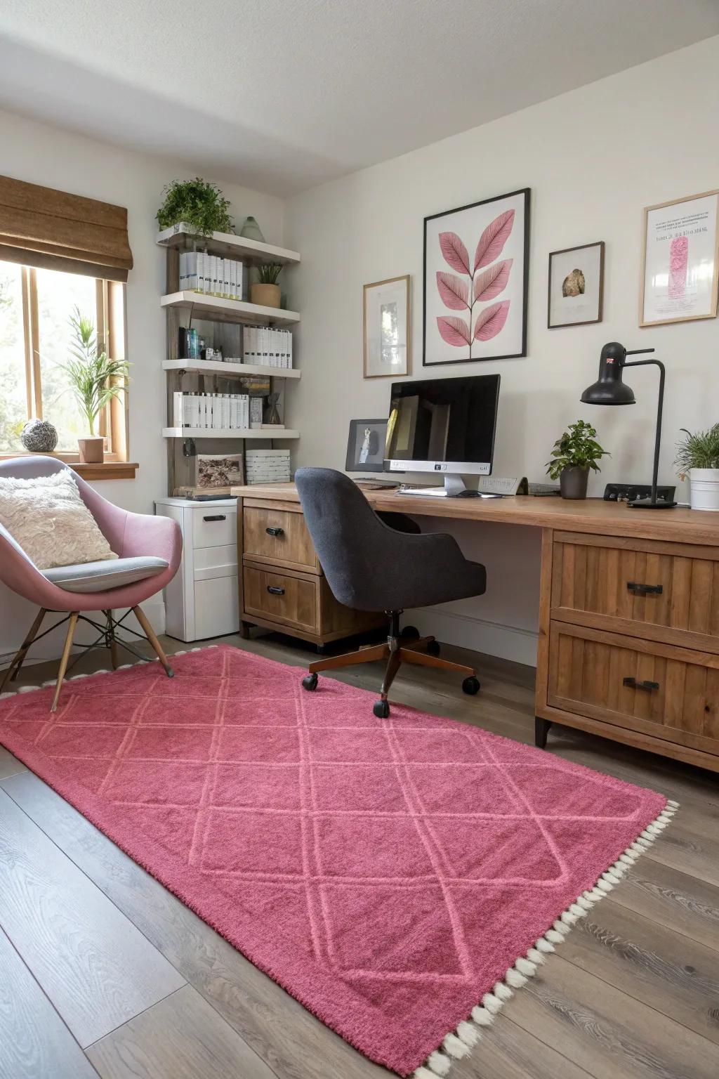 A pink rug adds texture and warmth, completing the office look.