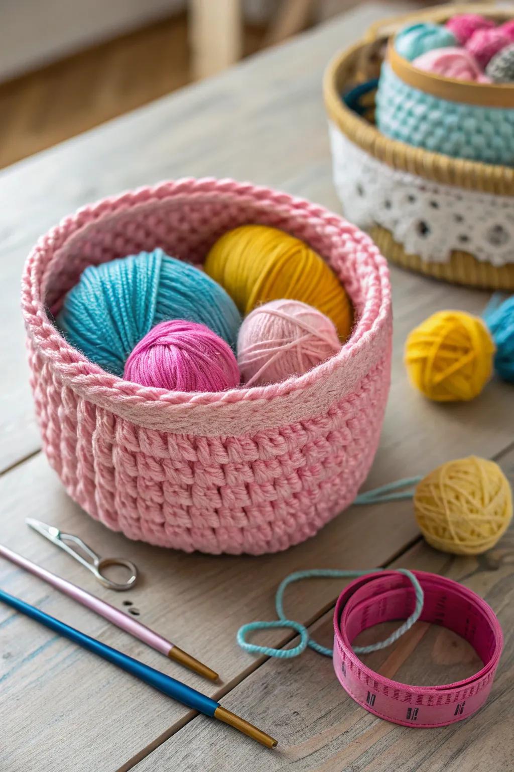 Organize your supplies with a stylish pink crochet basket.