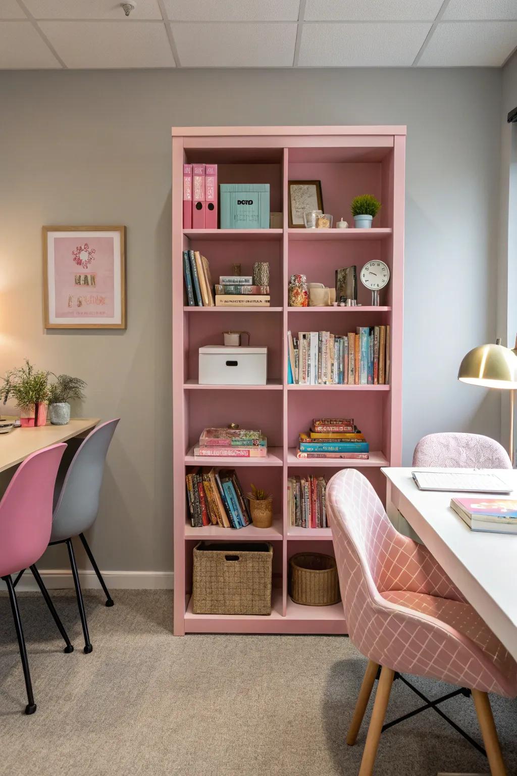 Pink shelving units provide both storage and style.