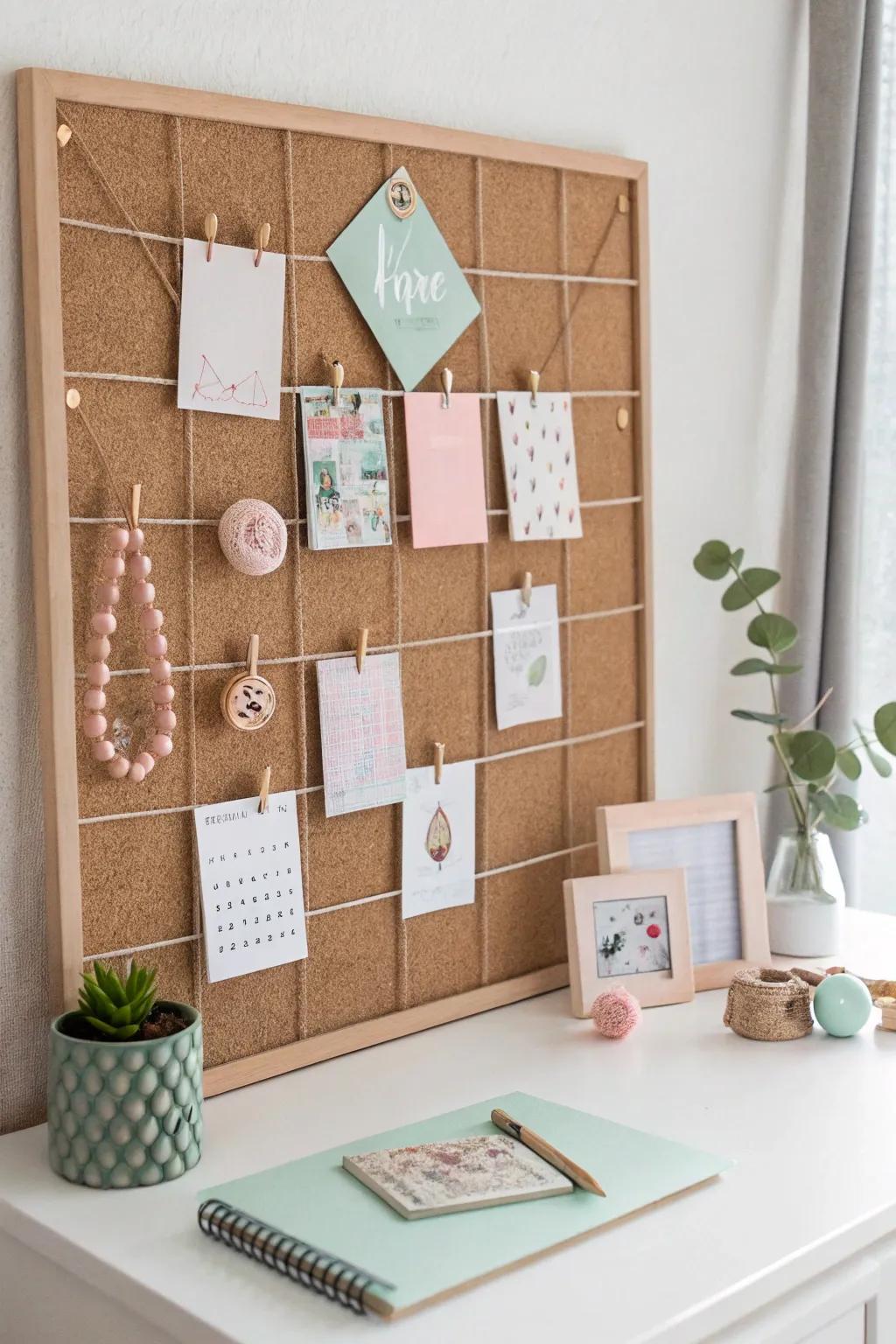 Elevate your inspiration space with a color-coordinated cork board that exudes minimalist elegance and Boho warmth.