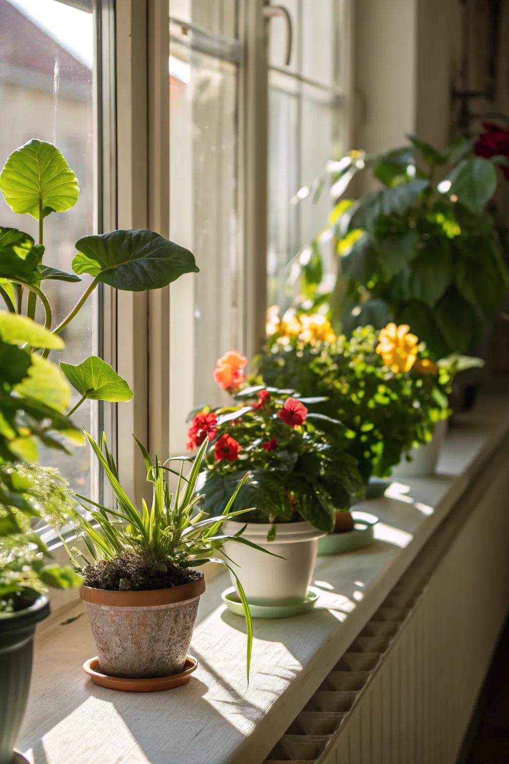 Windowsill garden with plants soaking up the sun.