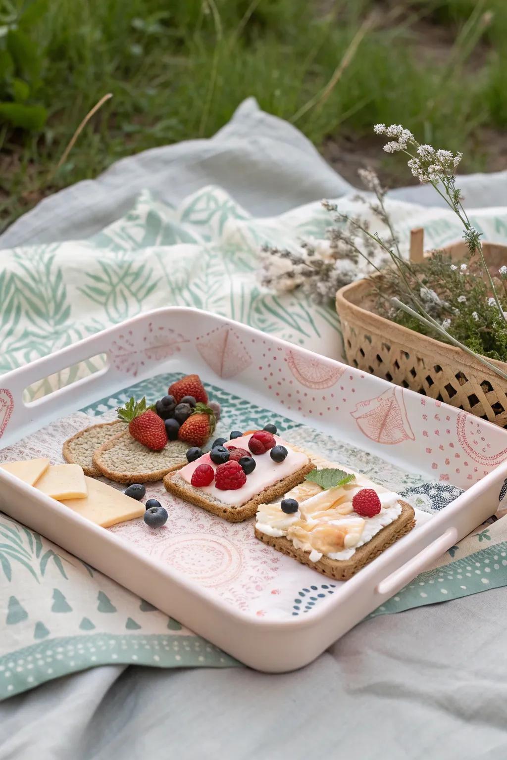 Elevate your picnic with a touch of minimalist boho style using a repurposed bread tray as your chic portable table.