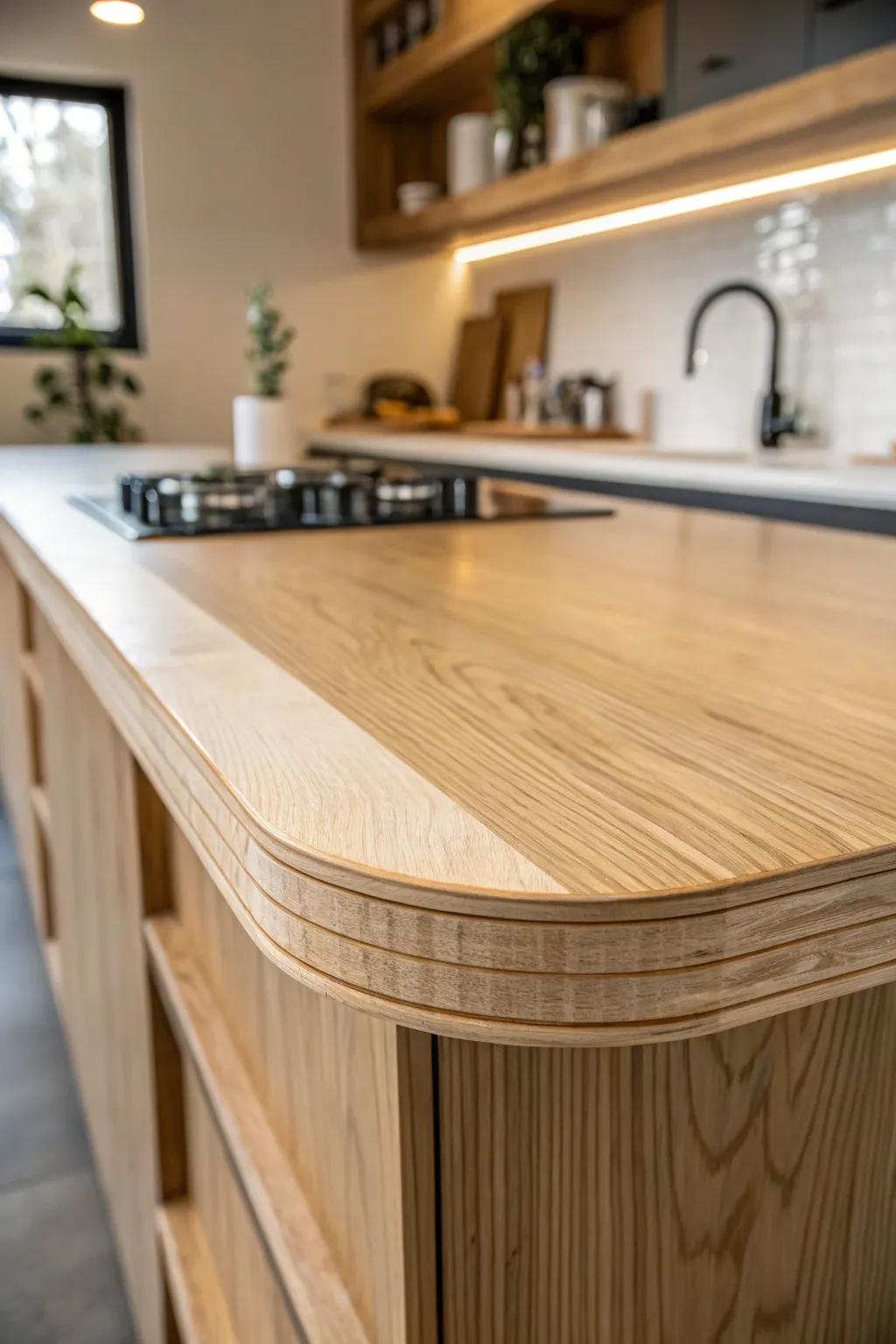 Curved Elegance: Transform your kitchen with the bespoke touch of a crafted plywood countertop.