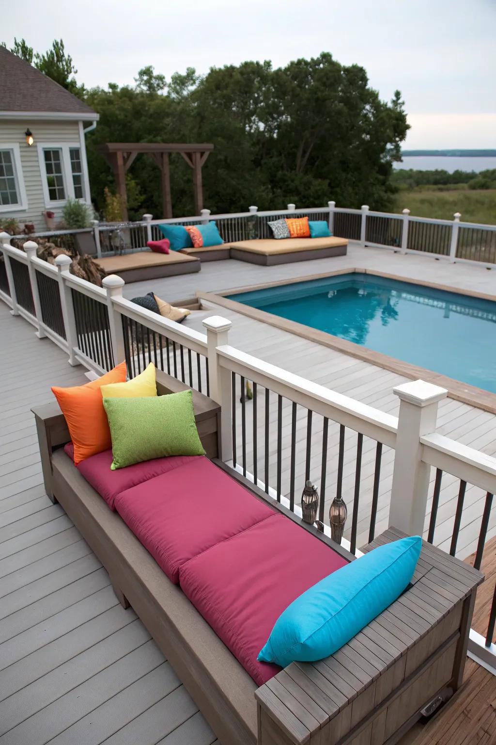 Built-in seating railings add functionality to your pool deck.