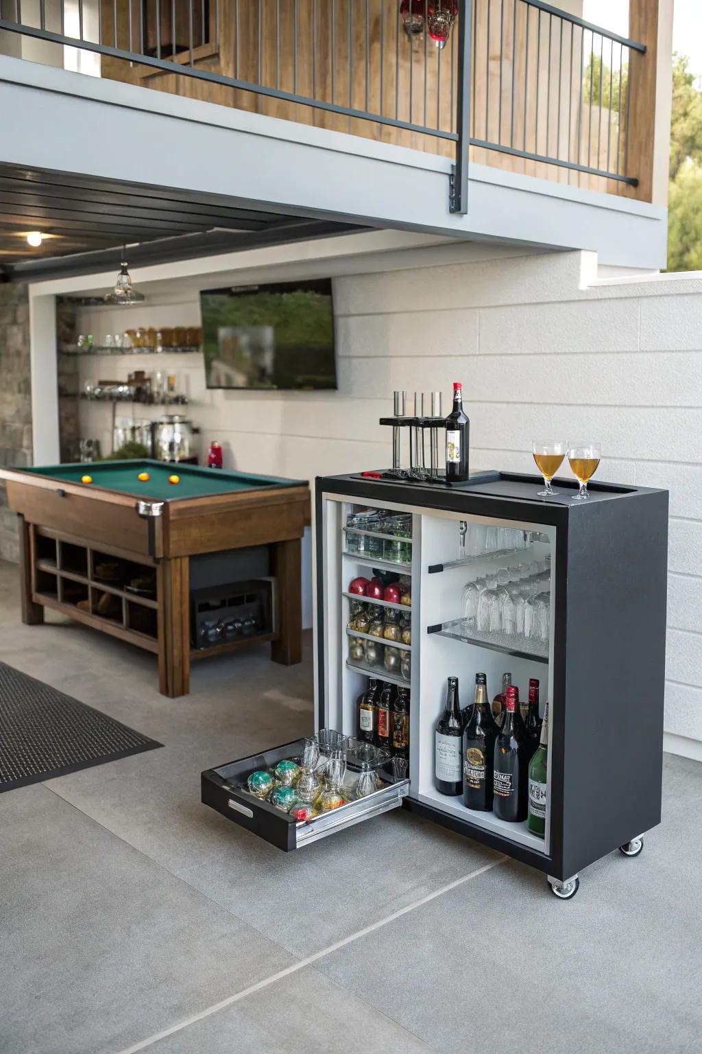 A beverage station adds convenience and charm to your garage pool room.