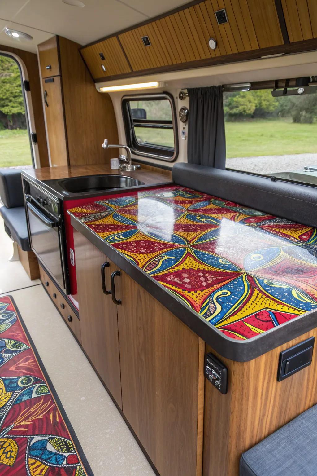 Transform your camper with a bold splash of color - explore endless possibilities with vibrant vinyl-wrapped countertops.