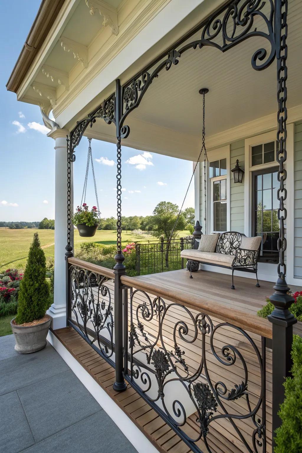 Symmetrical wrought iron railings for a grand entrance.