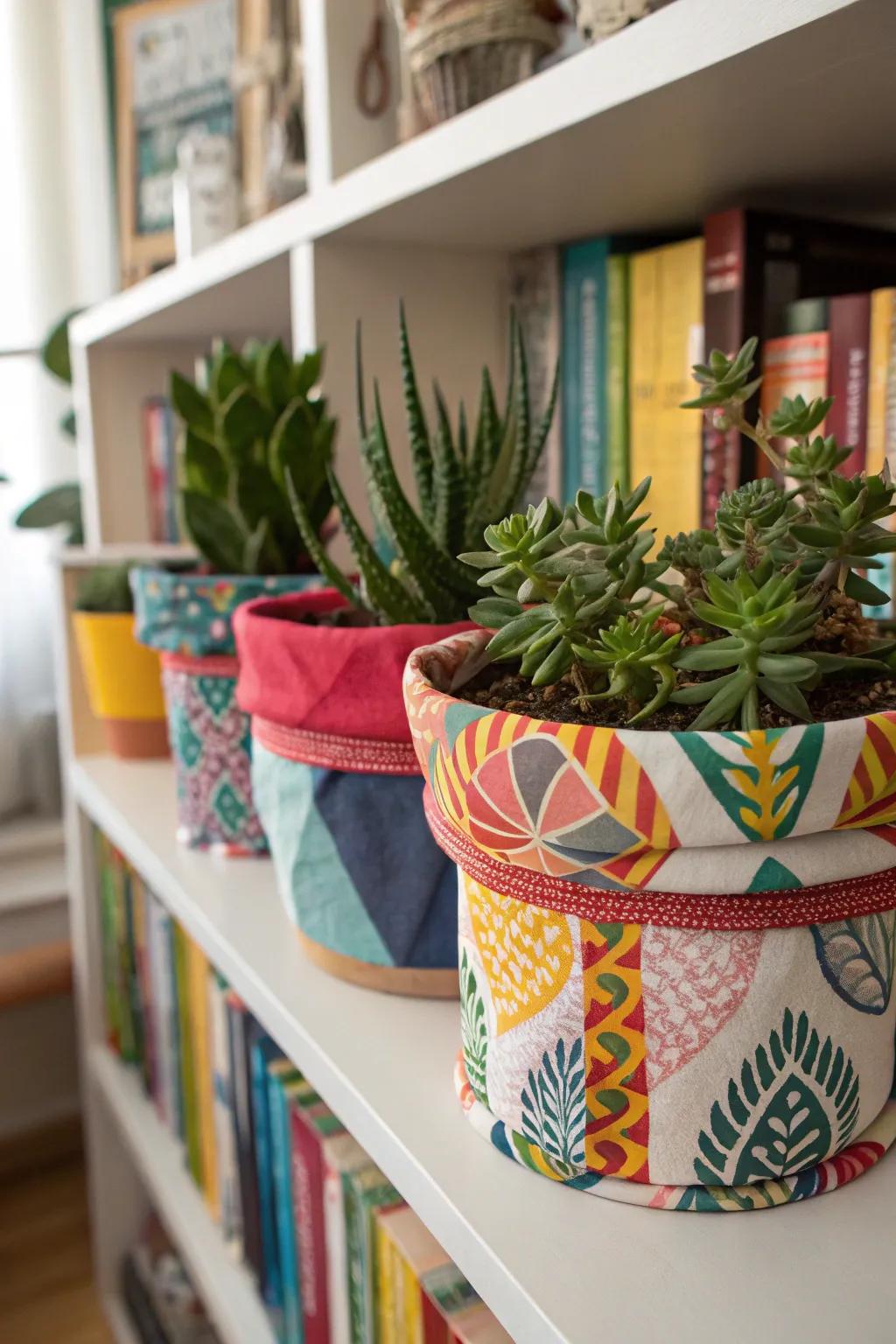 Fabric-covered pots bring a soft, colorful touch to any room.