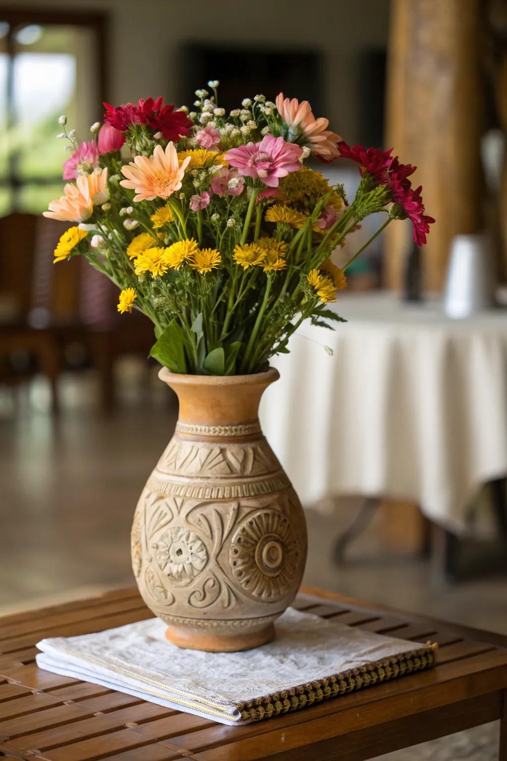 A handmade vase beautifully displaying fresh flowers.