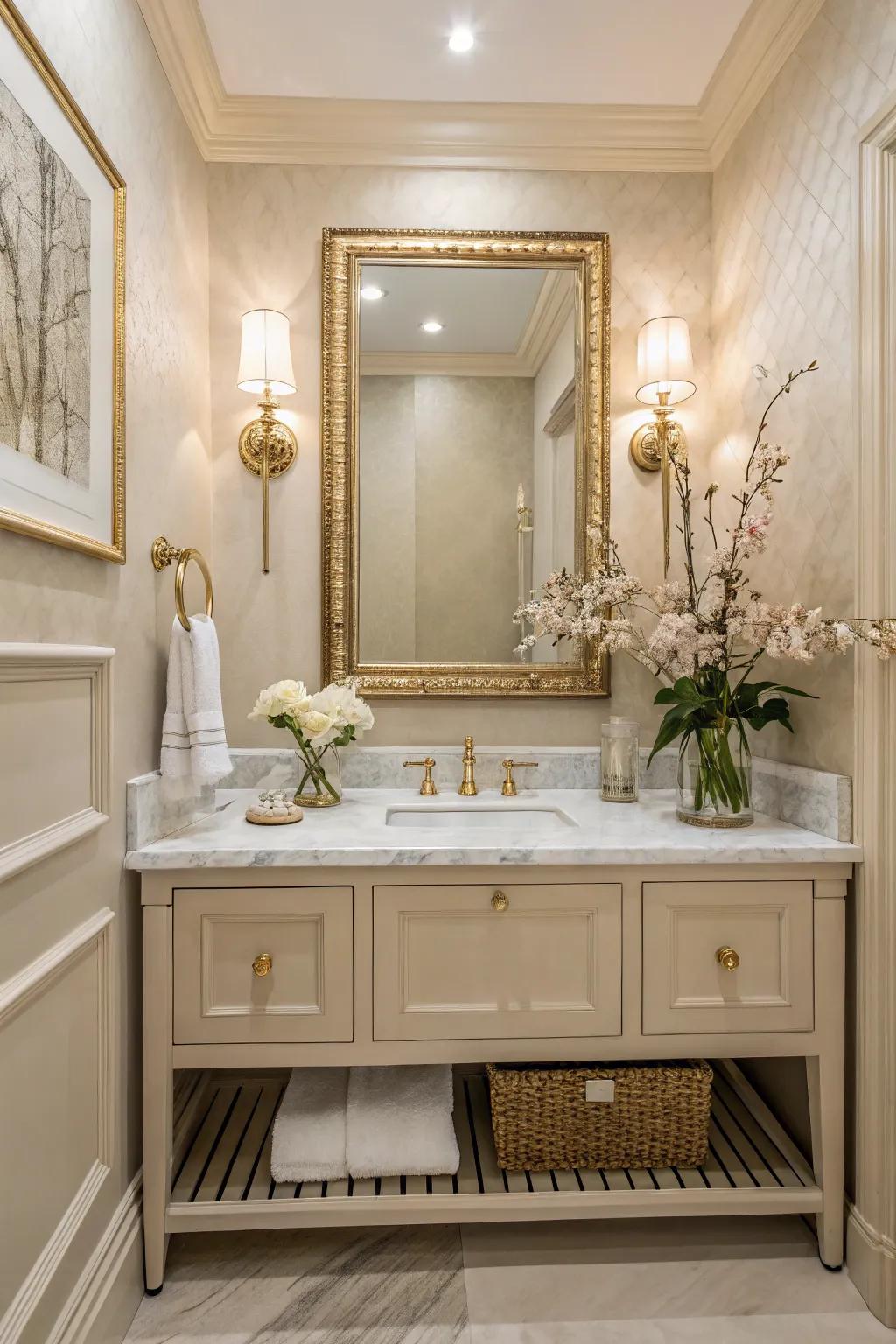 A neutral palette creates a serene and sophisticated ambiance in your powder room.