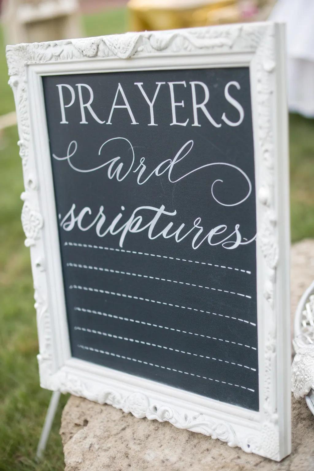 A chalkboard adds a touch of elegance and flexibility to your prayer space.