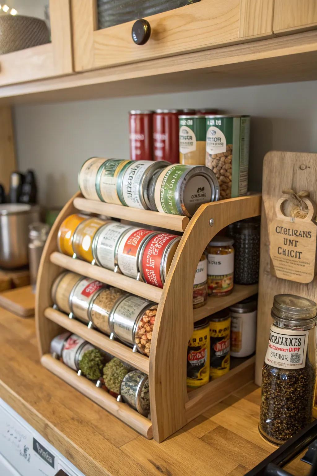 A rotating rack keeps canned goods fresh and accessible.