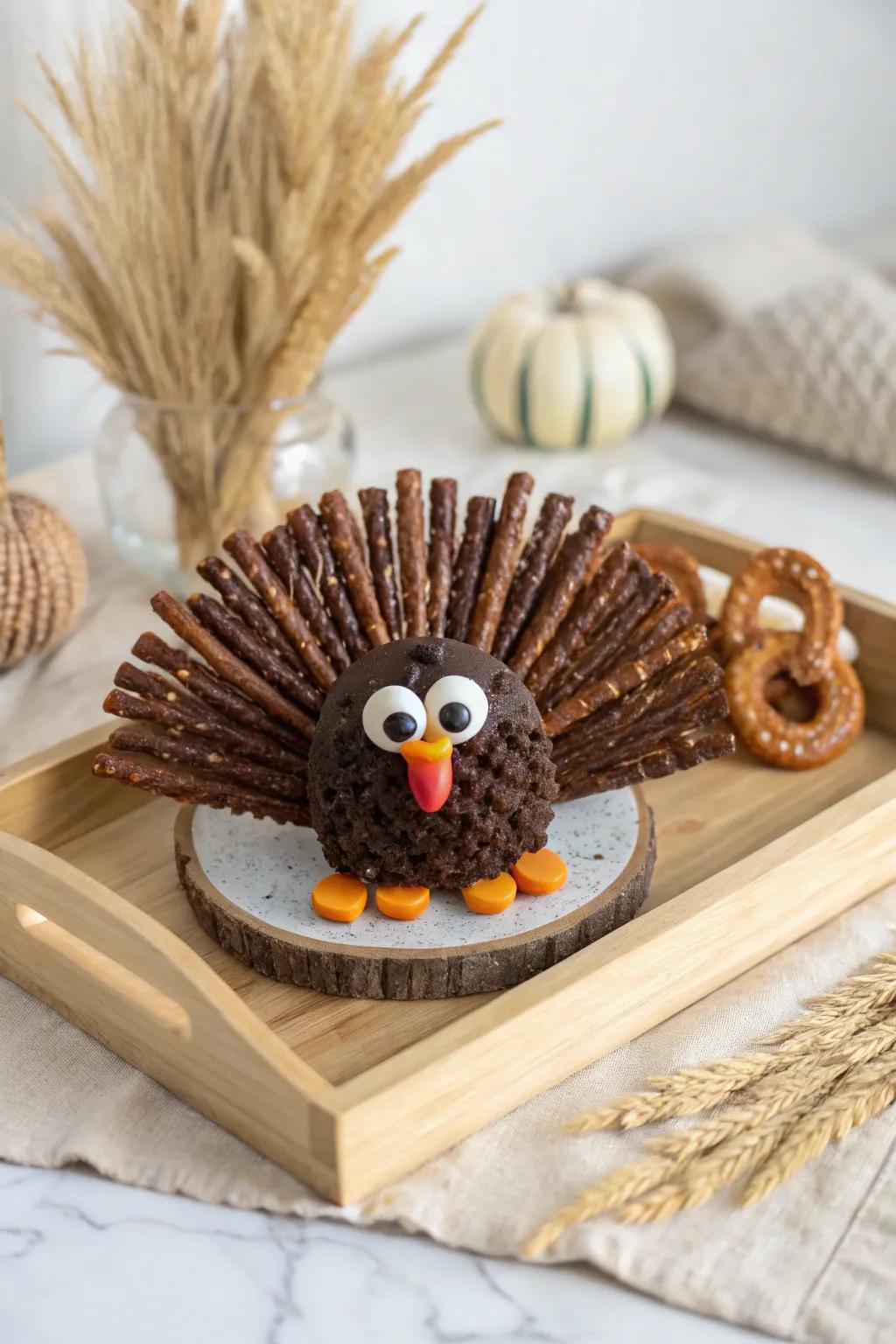 Sweet and simple: Craft a charming turkey centerpiece with chocolate pretzels and candy eyes for a delightful Thanksgiving touch!