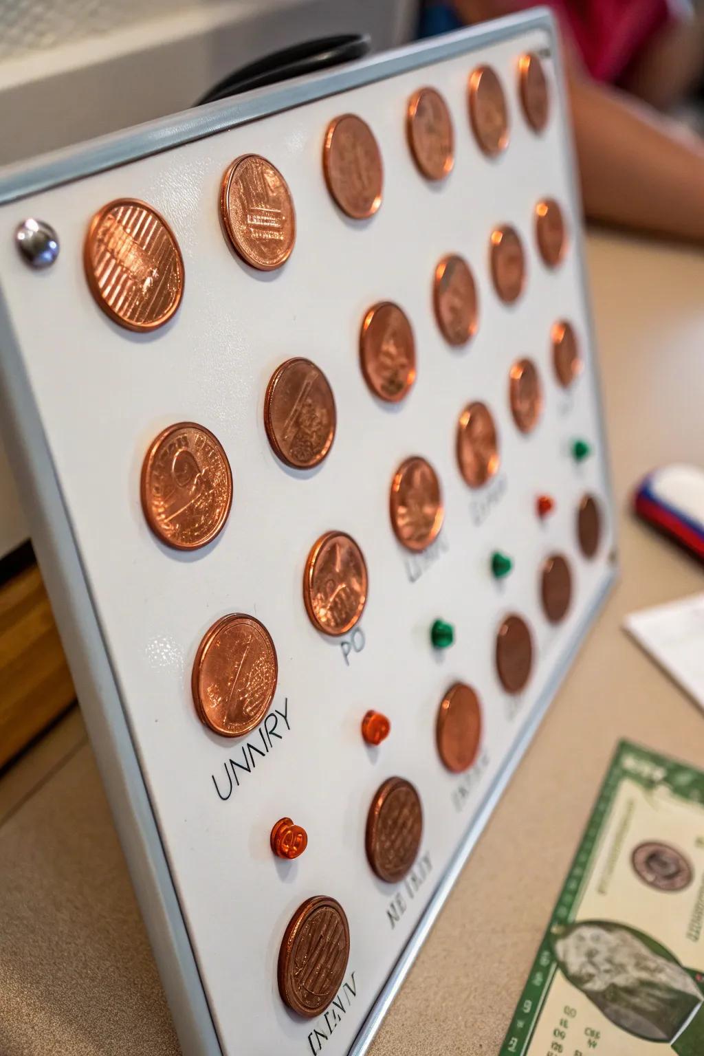 A magnetic board offers a fun, interactive way to display your pennies.