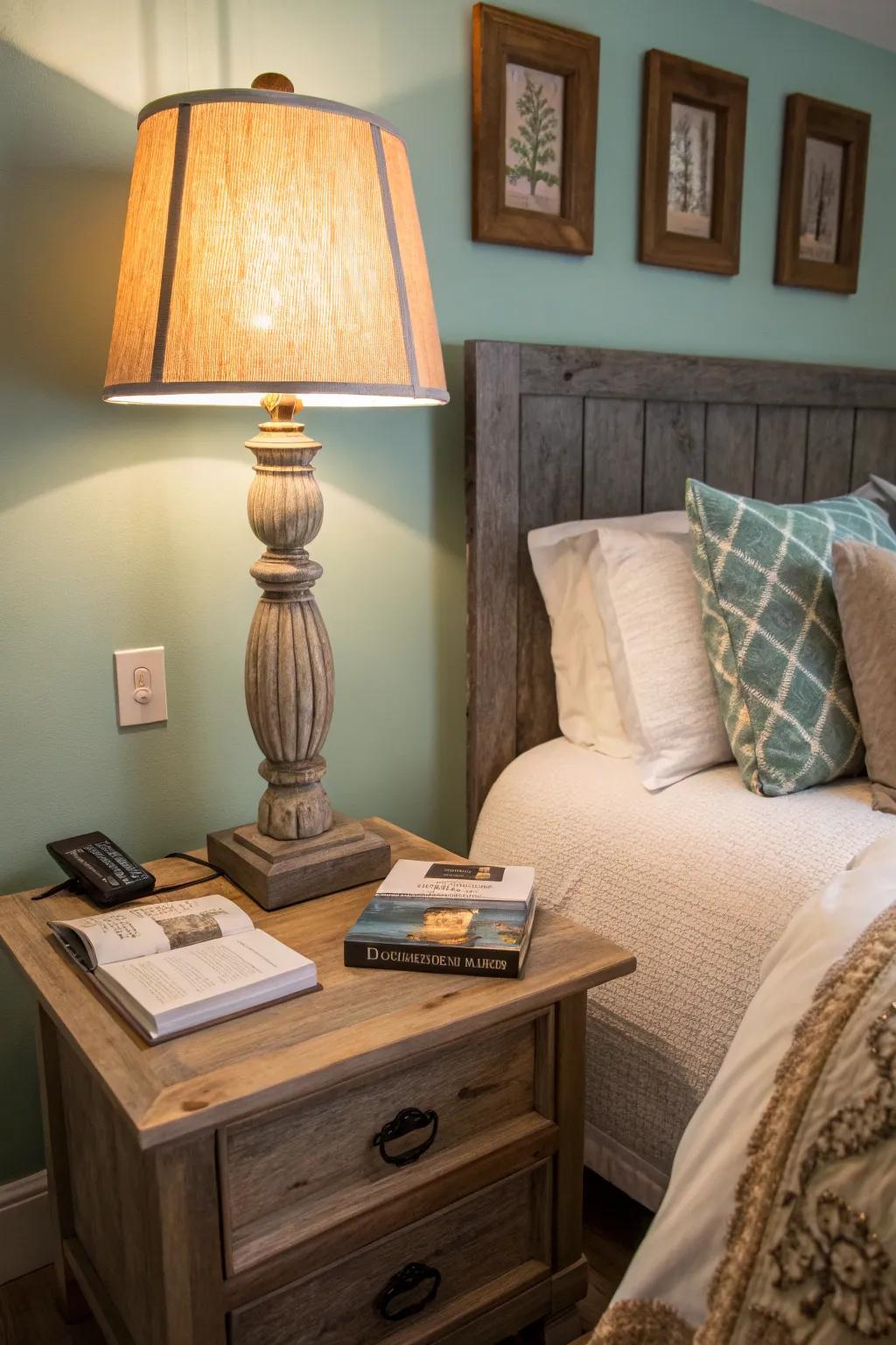 A barnwood table lamp providing a rustic touch to a bedroom.