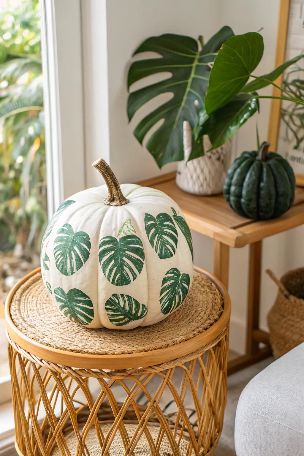 Monstera leaves add a tropical flair to any pumpkin design.