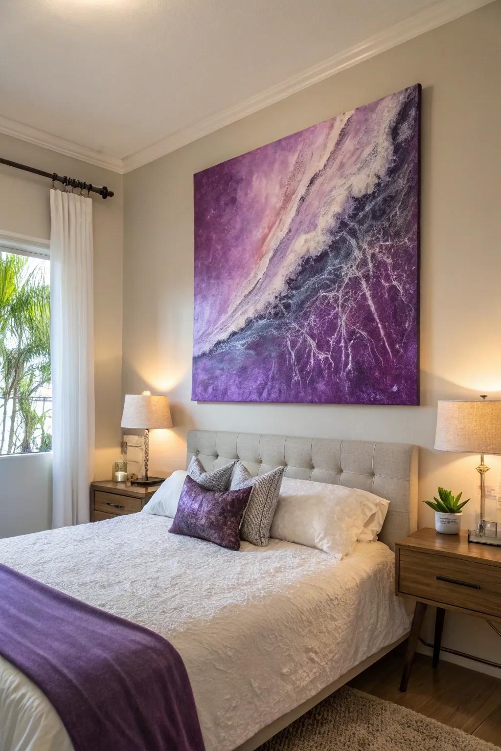 Purple artwork brings a splash of color and personality to the bedroom.