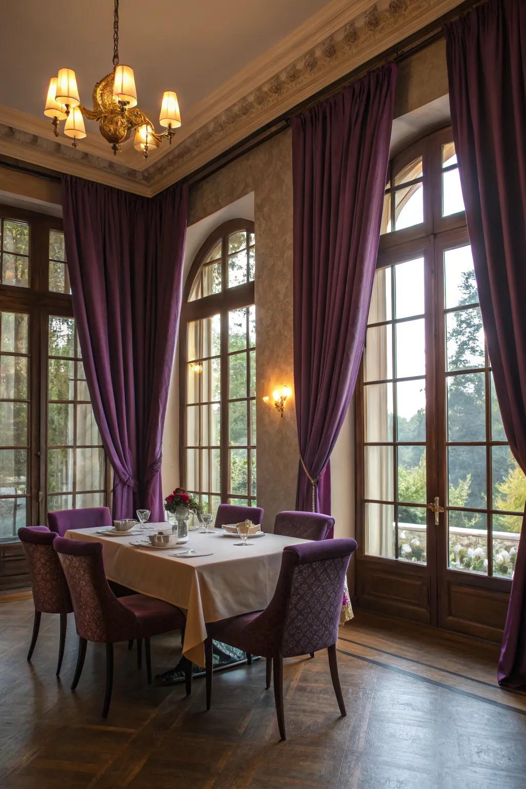 Purple drapes enhance the ambiance and add a touch of luxury.