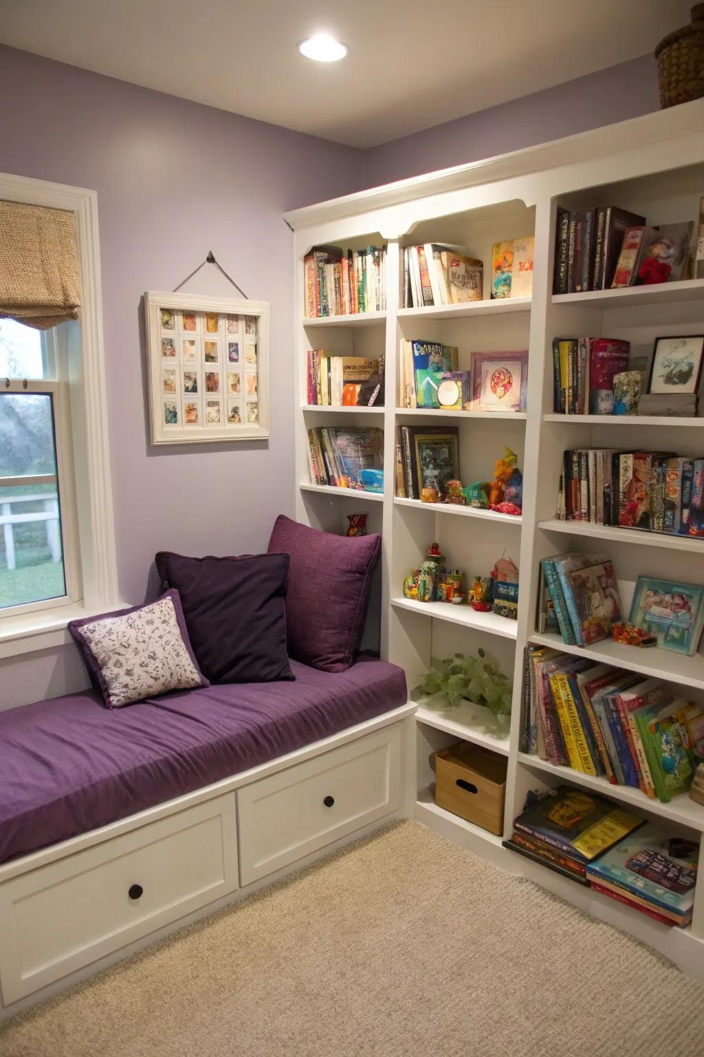 A purple reading nook invites relaxation.