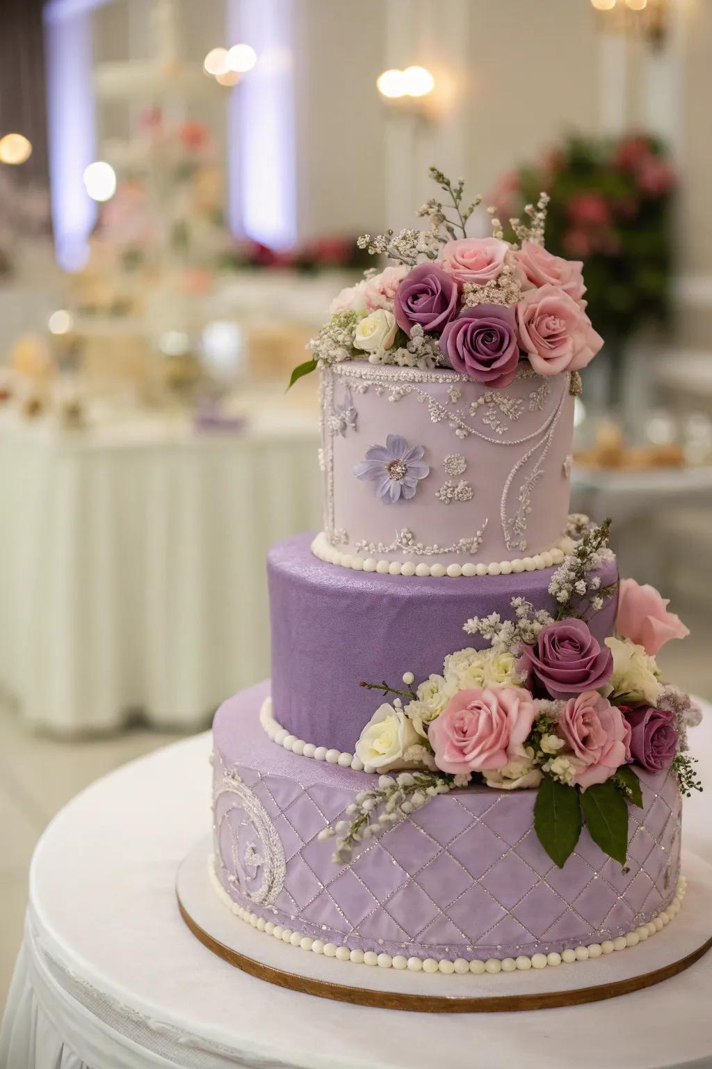 A showstopping wedding cake with purple details.