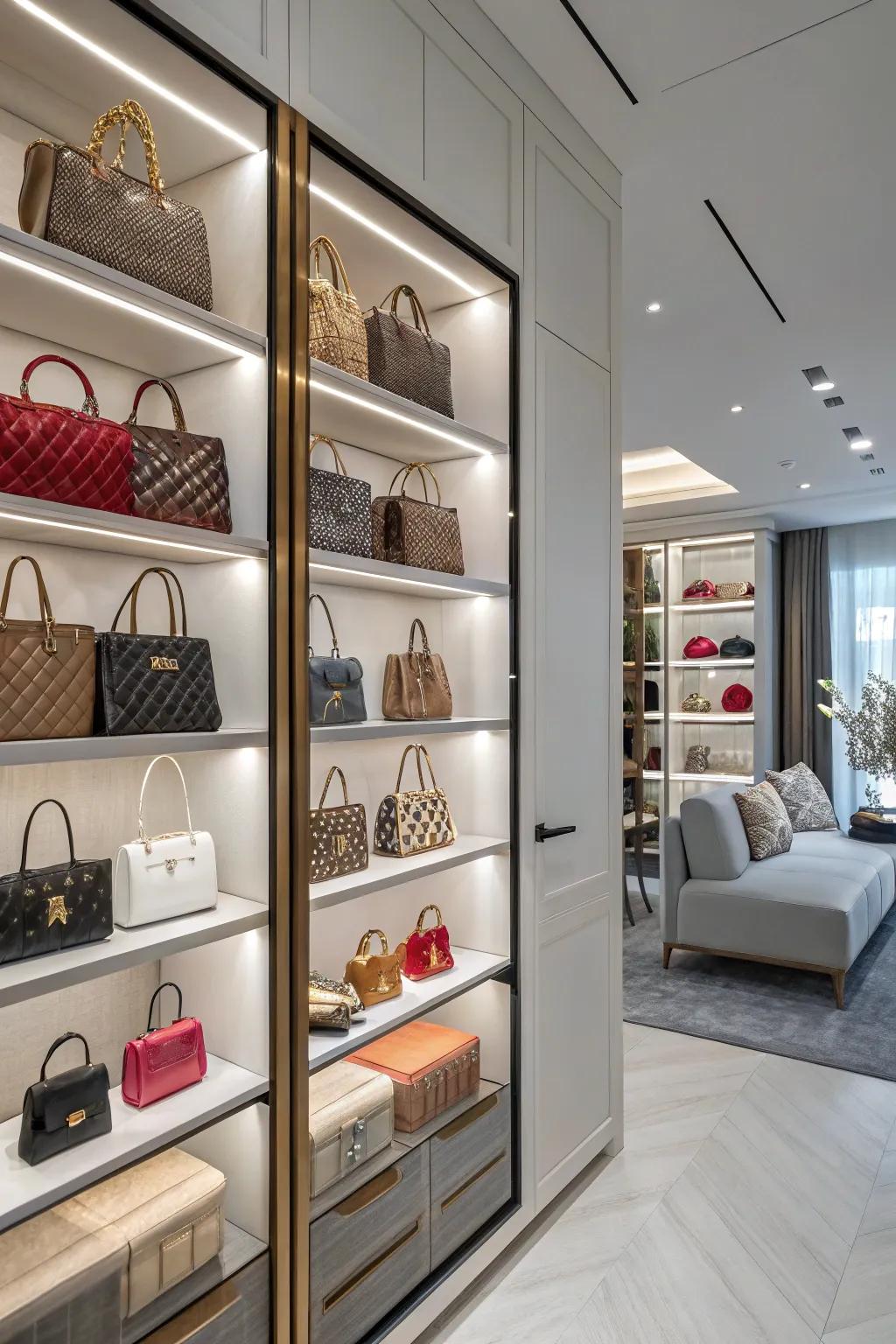 High shelves are perfect for storing less-used purses.