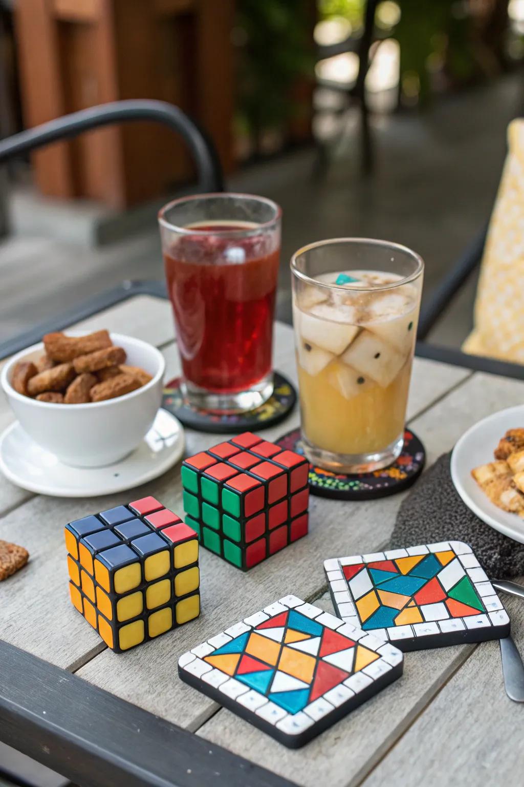 Interactive puzzle cube coasters add fun to any gathering.