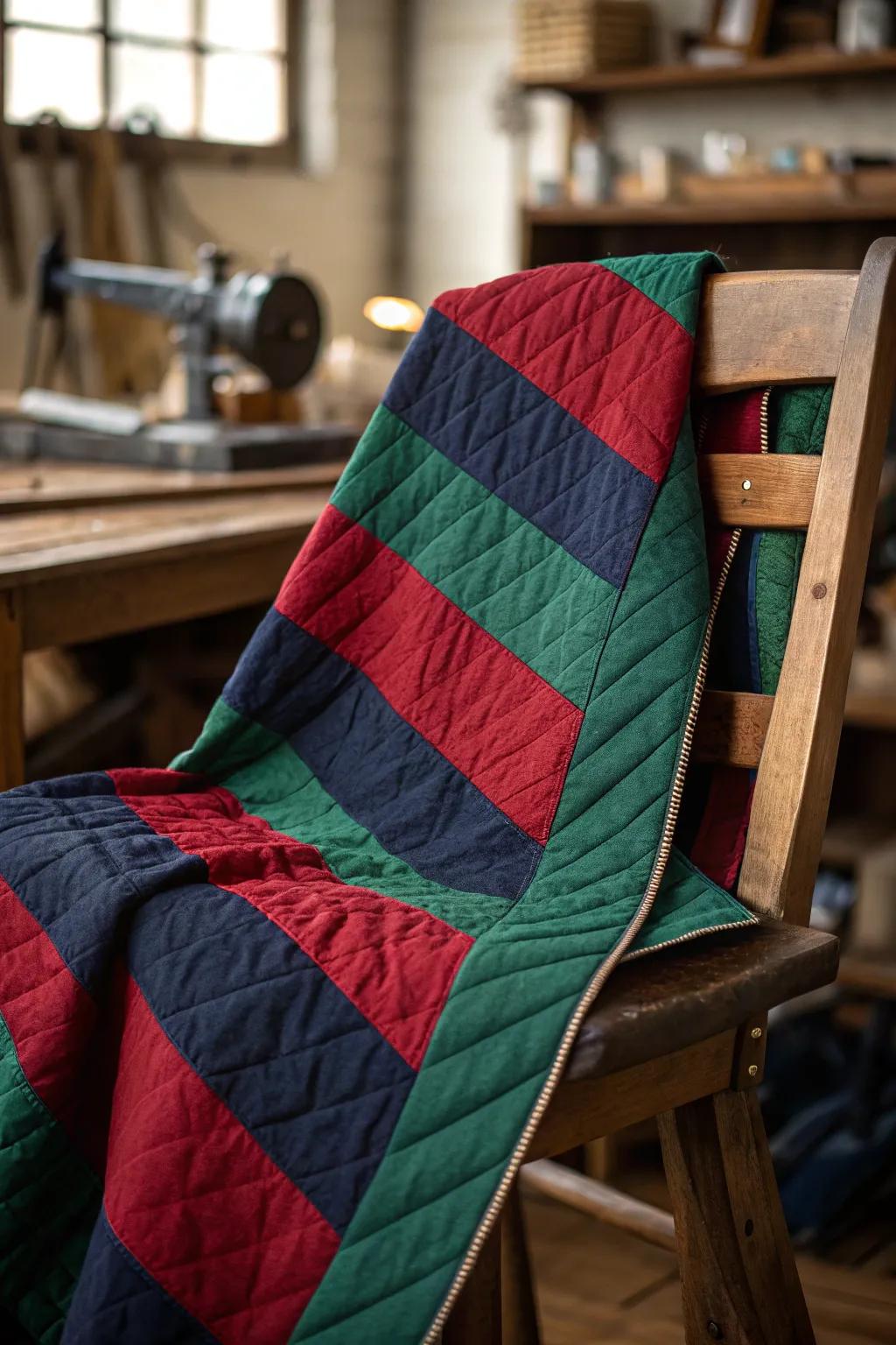 Dynamic and vibrant rugby stripes bring energy to this handcrafted quilt, perfect for young adventurers!