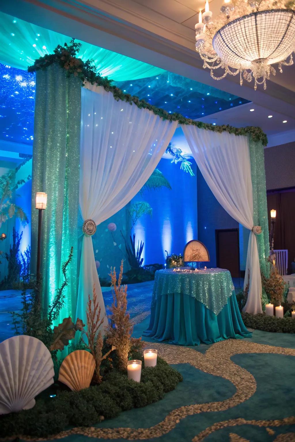 A splashy under the sea-themed quinceanera with ocean hues and seashell decor.